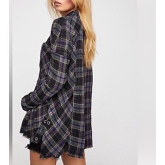 Free People Juniper Ridge Snap Side Plaid Button Down Medium Raw Hem - Picture 1 of 11